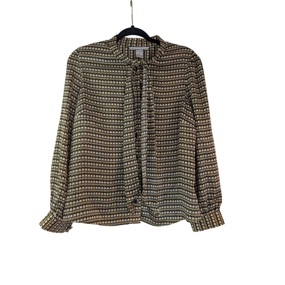 Peter Nygard Silk Blouse Womens 12P Yellow Geometric Tie Neck Button‎ Up Top
